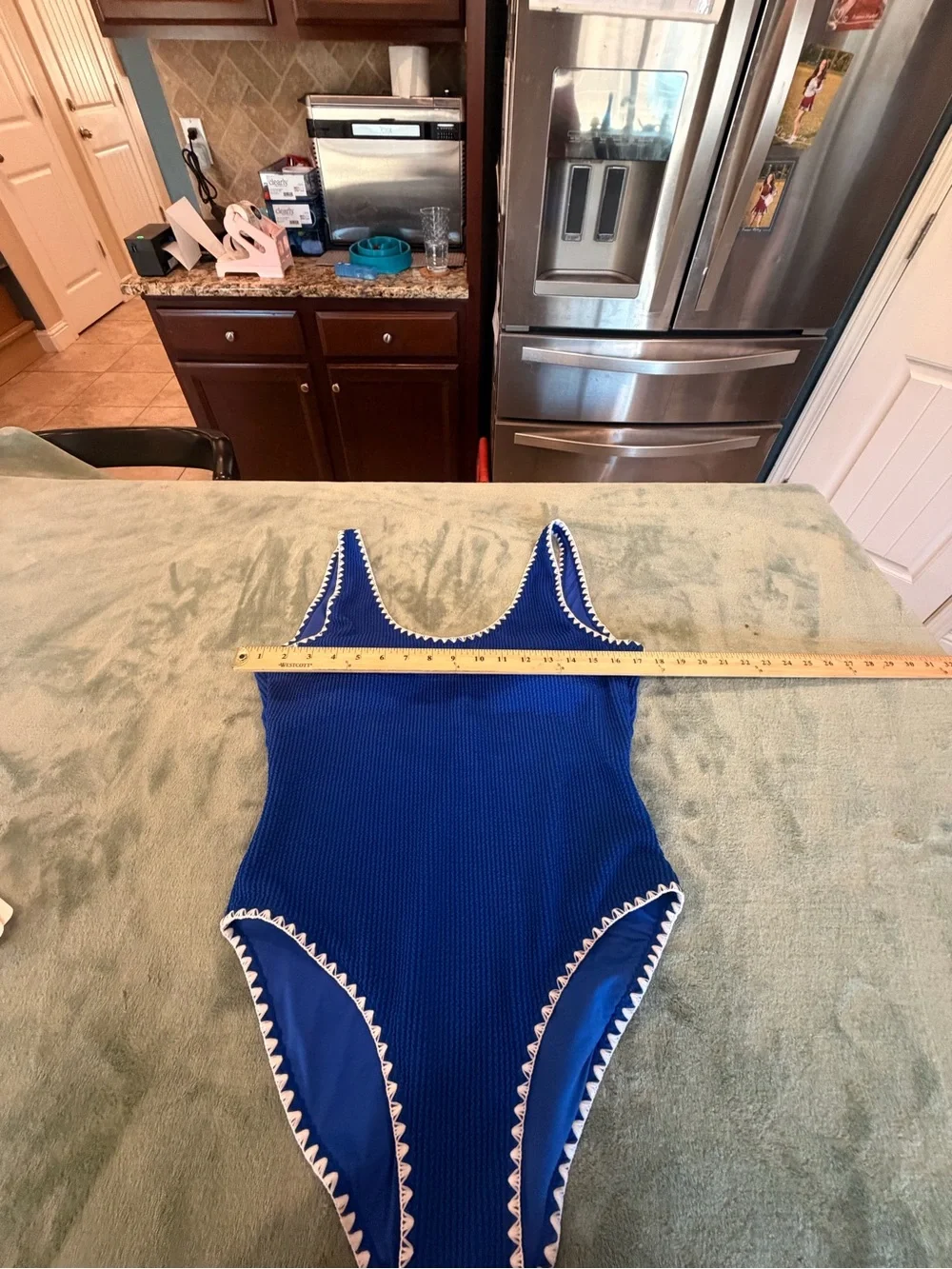 Betsey Johnson Women XL Blue One Piece Swimsuit White Crochet Trim UPF 50+